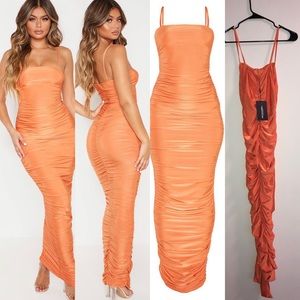 Orange Strappy Slinky Ruched Back Maxi